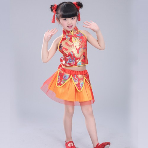 Red yellow gold Chinese style Folk dance girls boys children fan drummer performance cosplay dance outfits